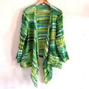 100% Linen Waterfall Cardigan Shawl Kimono Wrap Size 2X Green‎ Artsy Colorful
